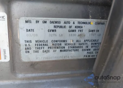 2008 Chevrolet Aveo 5 Special Value from USA, damaged, VIN KL1TD66658B251474